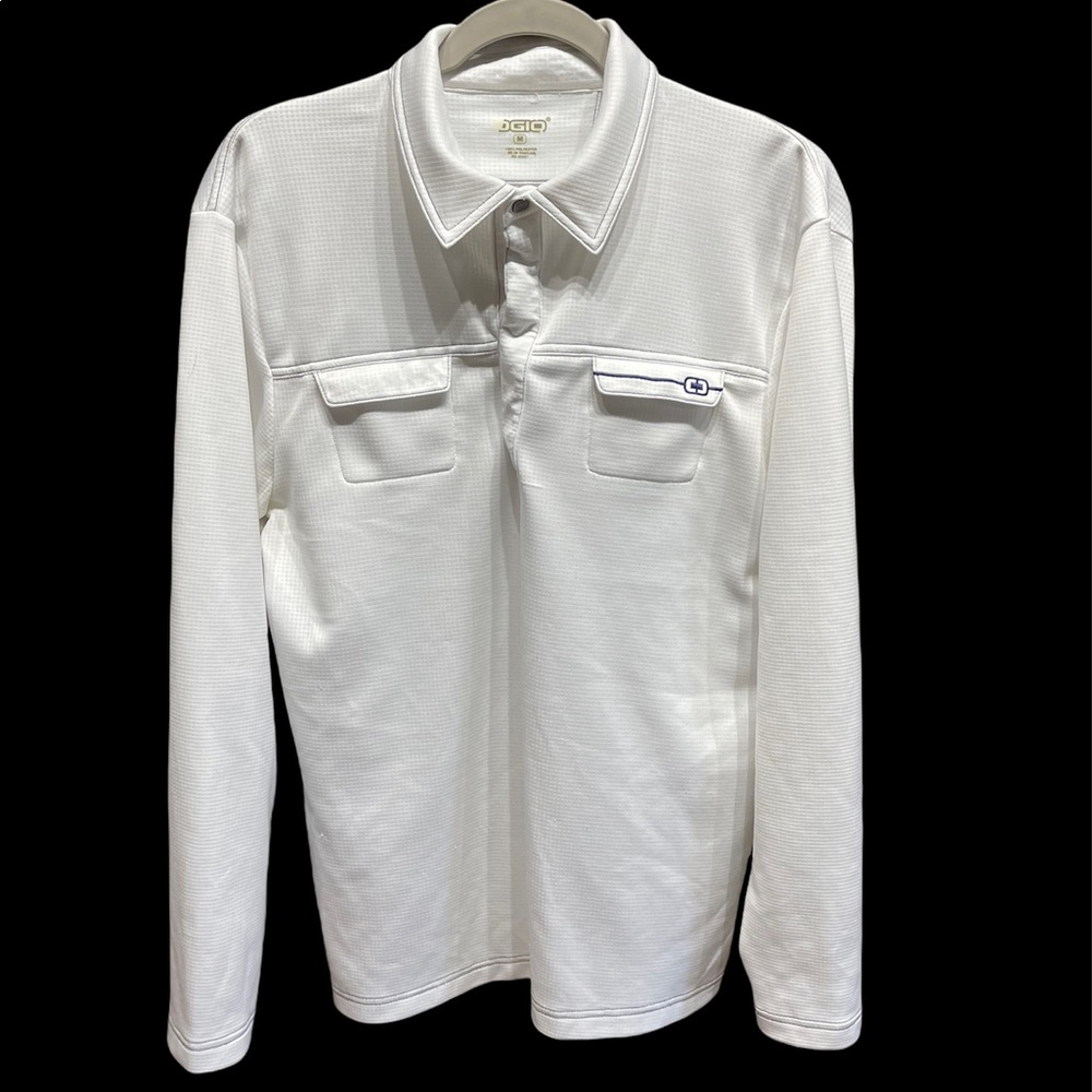 OGIO Men's Medium Long Sleeve Polo Shirt, White with Navy Trim, Snap Buttons